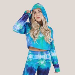 Galapagos Islands Tie Dye Hoodie Crop Top | Blue Teal Purple Long Sleeve Shirt
